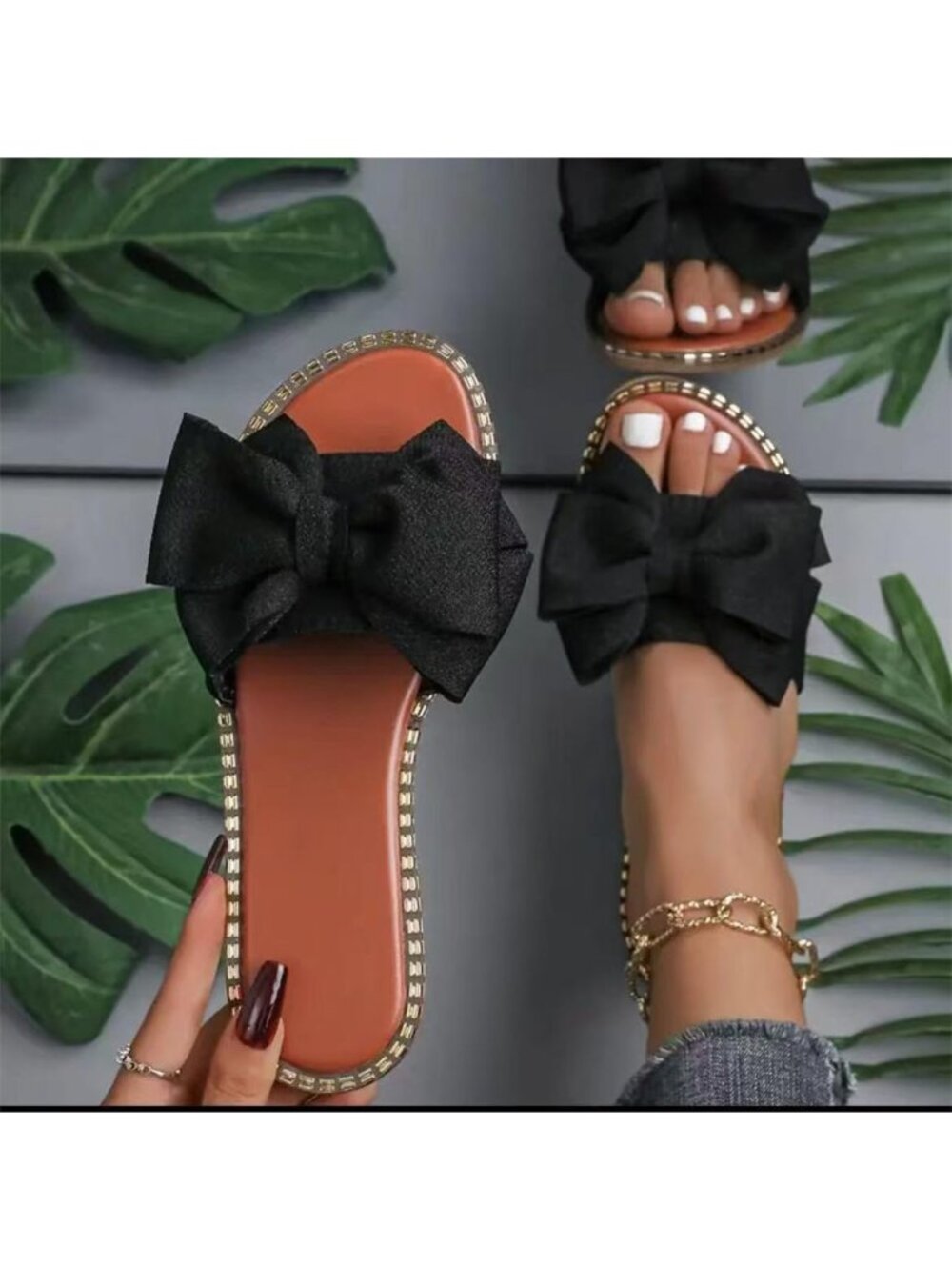 Women's Black Bow Knot Slides Open Toe Flat Sandals Slip On Beach Shoes - Picture 2 of 5